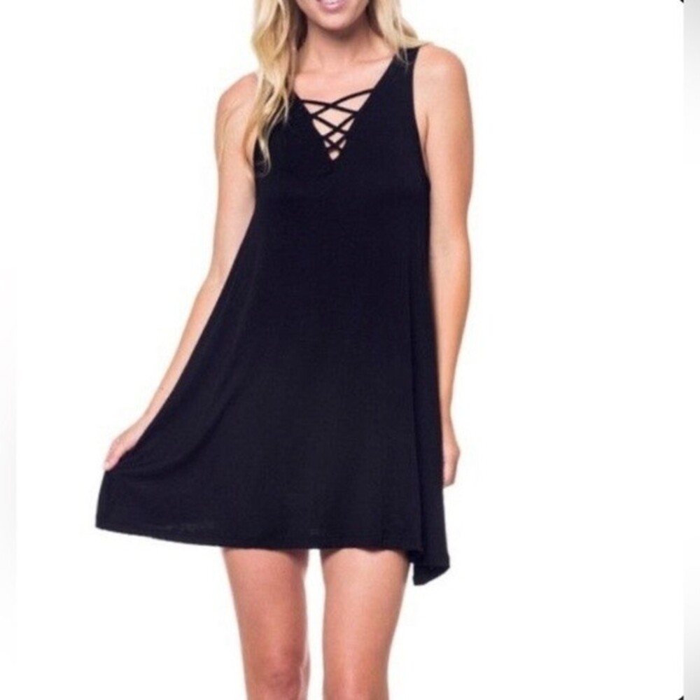 Black criss cross vneck jersey knit swing dress size medium